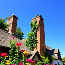 A beautifully crafted brick chimney with intricate stonework, standing tall against a clear blue sky