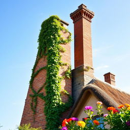 A beautifully crafted brick chimney with intricate stonework, standing tall against a clear blue sky