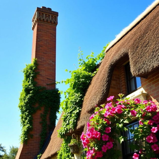 A beautifully crafted brick chimney with intricate stonework, standing tall against a clear blue sky