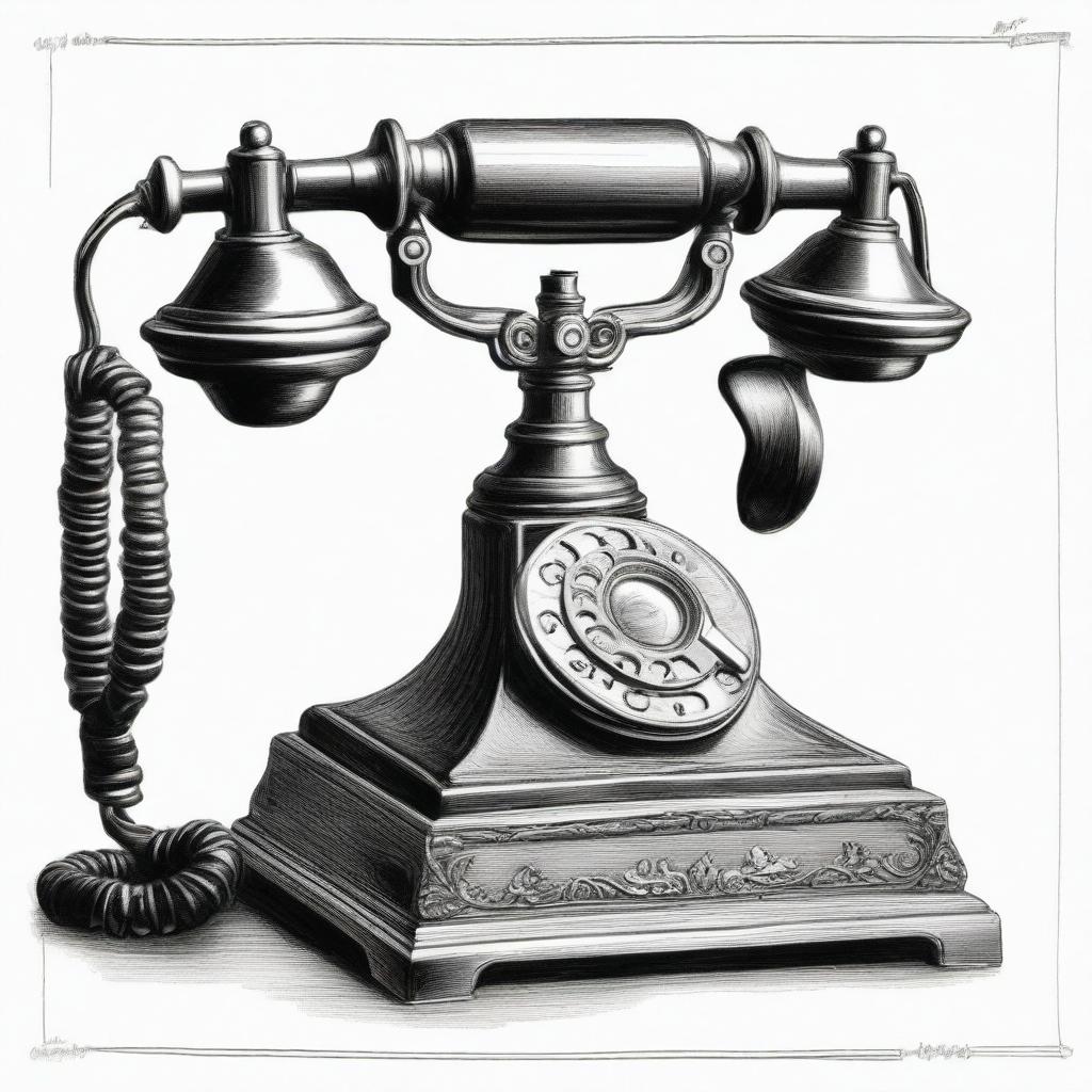 A high-quality black and white pencil sketch of an antique telephone