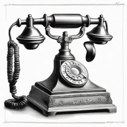 A high-quality black and white pencil sketch of an antique telephone