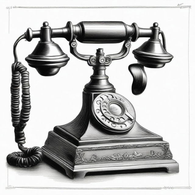 A high-quality black and white pencil sketch of an antique telephone
