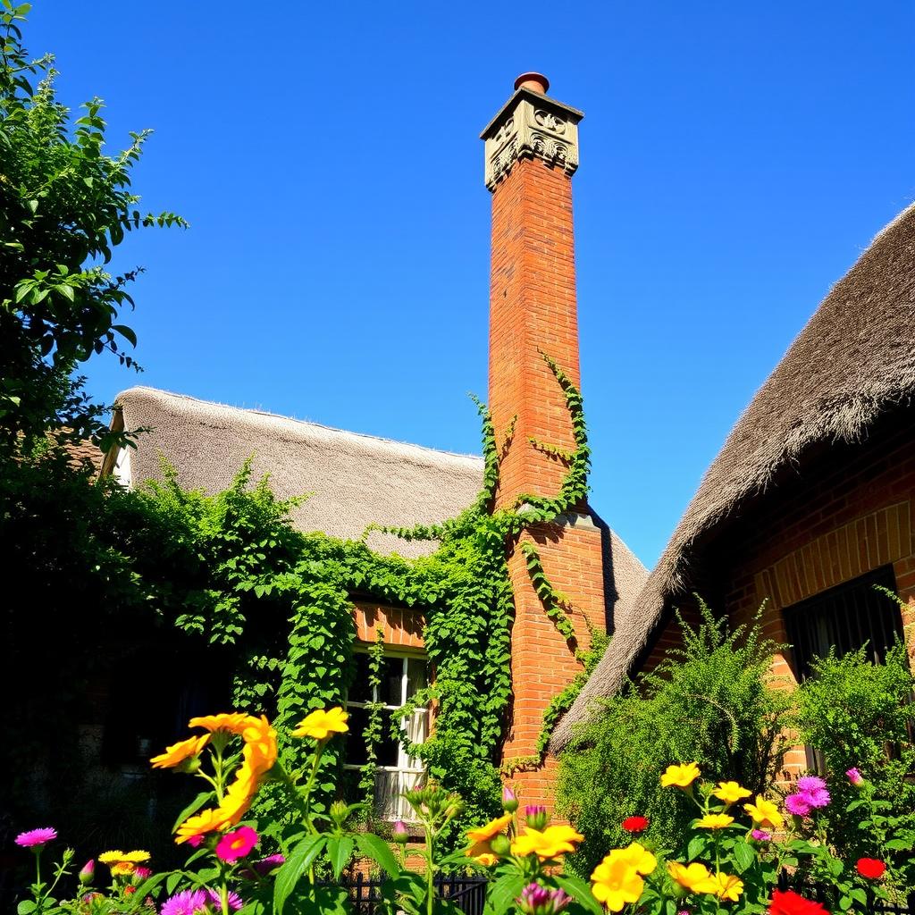 A beautifully crafted brick chimney with intricate stonework, standing tall against a clear blue sky