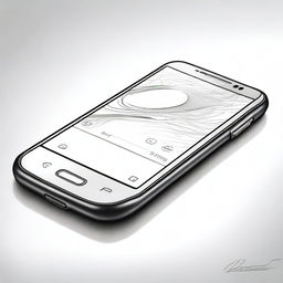 A black and white pencil drawing of a Samsung phone