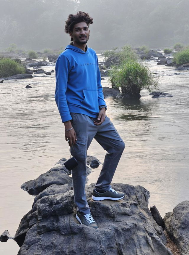 A young man standing confidently on a rocky riverbank, dressed in a light blue hoodie with stylish lettering, gray trousers, and a pair of white sneakers that contrast with his outfit