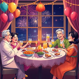 An illustration depicting a vibrant New Year celebration with a family dining together, set in a cozy and festive environment