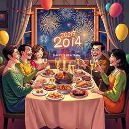An illustration depicting a vibrant New Year celebration with a family dining together, set in a cozy and festive environment