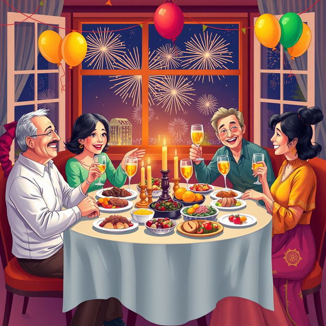 An illustration depicting a vibrant New Year celebration with a family dining together, set in a cozy and festive environment