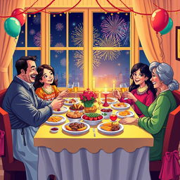 An illustration depicting a vibrant New Year celebration with a family dining together, set in a cozy and festive environment