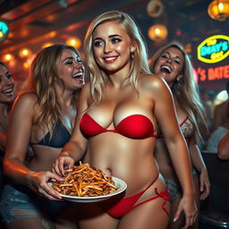 A young, attractive blonde girl with a sexy, sweet thin face and beautiful features is depicted in a tiny red bikini