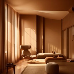 A room with minimalistic modern design exuding warmth through its use of subtle, earthy colors, streamlined furniture, and clean lines.