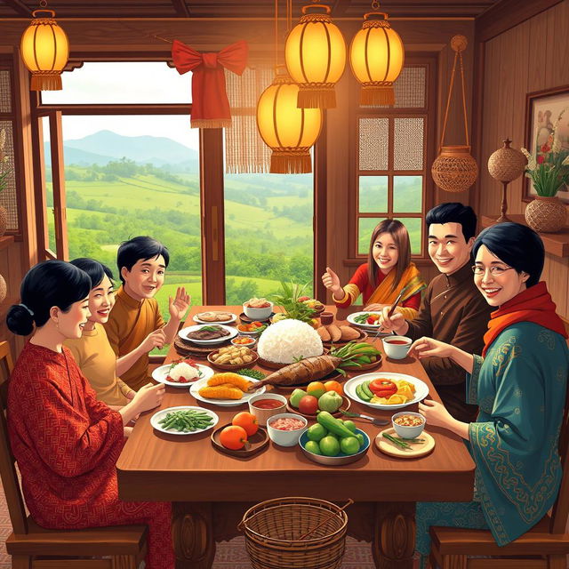 An illustration showcasing a joyful New Year celebration featuring a family dining together in a traditional North Javanese home