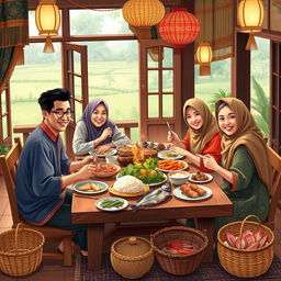 An illustration showcasing a joyful New Year celebration featuring a family dining together in a traditional North Javanese home