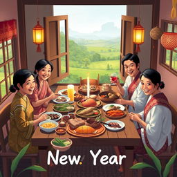 An illustration showcasing a joyful New Year celebration featuring a family dining together in a traditional North Javanese home