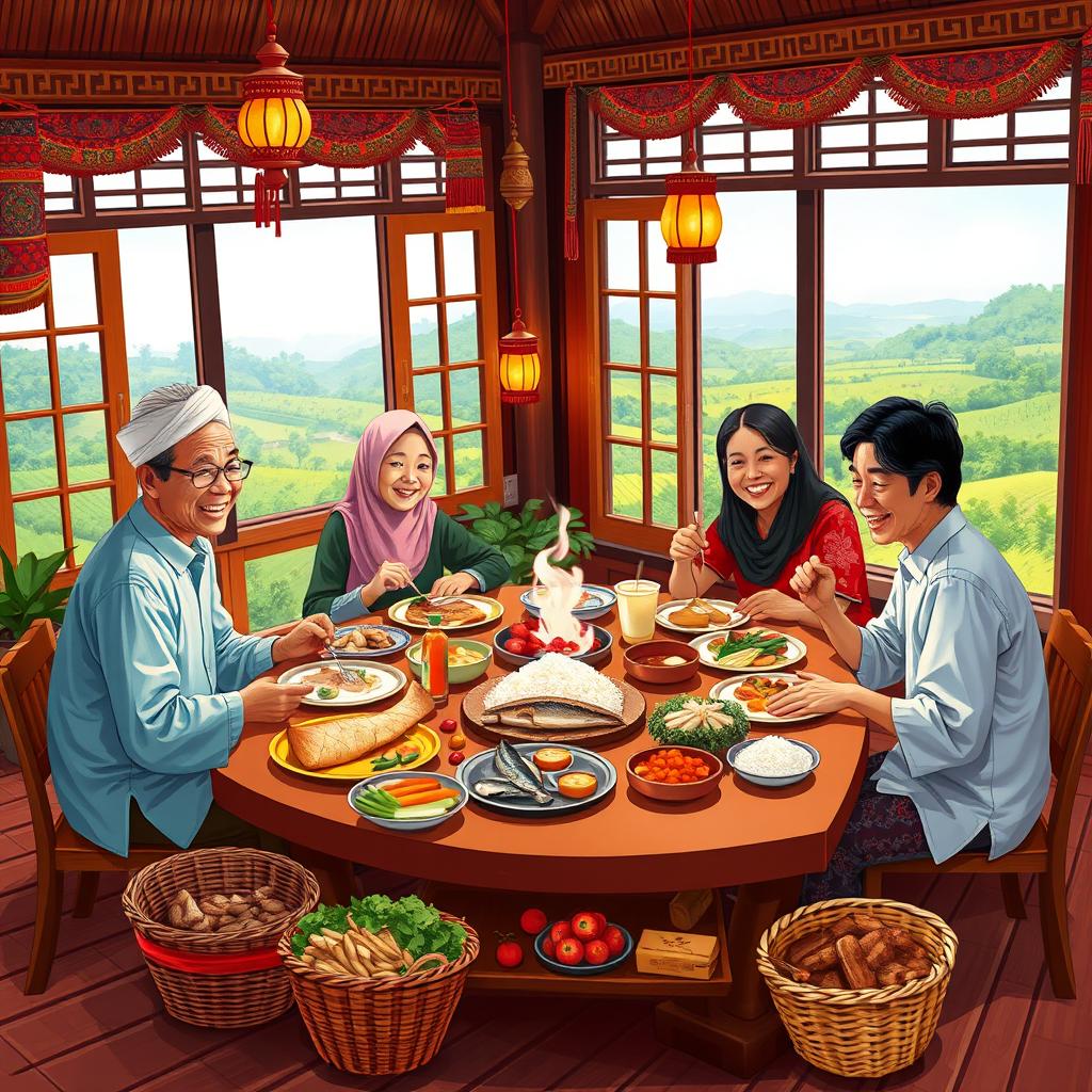 An illustration showcasing a joyful New Year celebration featuring a family dining together in a traditional North Javanese home