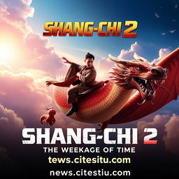 An exhilarating movie poster for 'Shang-Chi 2', showcasing Simu Liu as Shang-Chi, depicted riding a majestic large dragon soaring through a vibrant sky filled with mystical clouds and ethereal light
