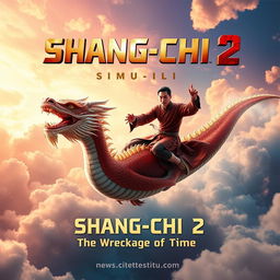 An exhilarating movie poster for 'Shang-Chi 2', showcasing Simu Liu as Shang-Chi, depicted riding a majestic large dragon soaring through a vibrant sky filled with mystical clouds and ethereal light