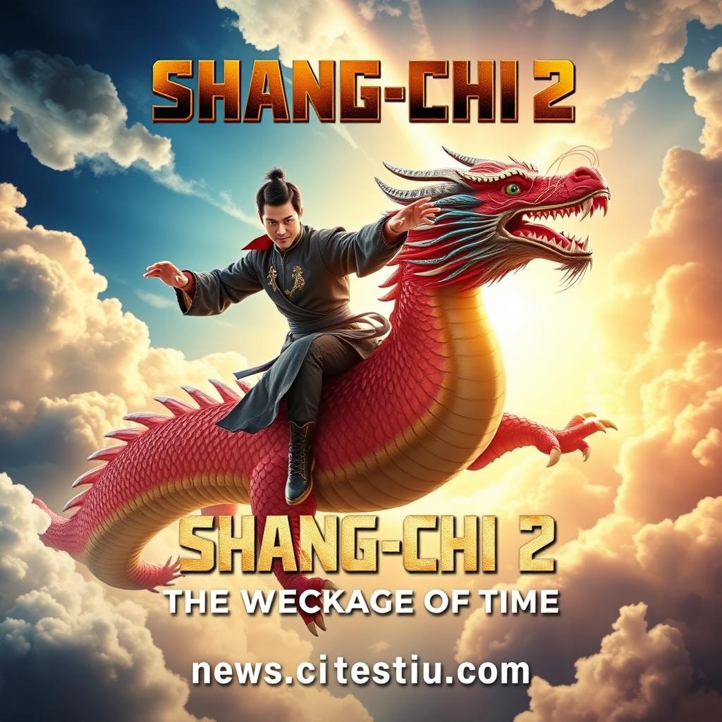 An exhilarating movie poster for 'Shang-Chi 2', showcasing Simu Liu as Shang-Chi, depicted riding a majestic large dragon soaring through a vibrant sky filled with mystical clouds and ethereal light