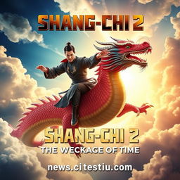 An exhilarating movie poster for 'Shang-Chi 2', showcasing Simu Liu as Shang-Chi, depicted riding a majestic large dragon soaring through a vibrant sky filled with mystical clouds and ethereal light