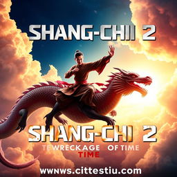 An exhilarating movie poster for 'Shang-Chi 2', showcasing Simu Liu as Shang-Chi, depicted riding a majestic large dragon soaring through a vibrant sky filled with mystical clouds and ethereal light