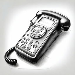 A black and white pencil sketch that beautifully captures the essence of a retro 90s phone