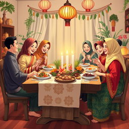 An illustration capturing a heartwarming New Year celebration, featuring a family dining together while dressed in beautiful traditional Indonesian costumes