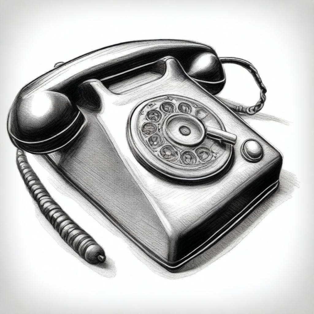 A black and white pencil sketch that beautifully captures the essence of a retro 90s phone