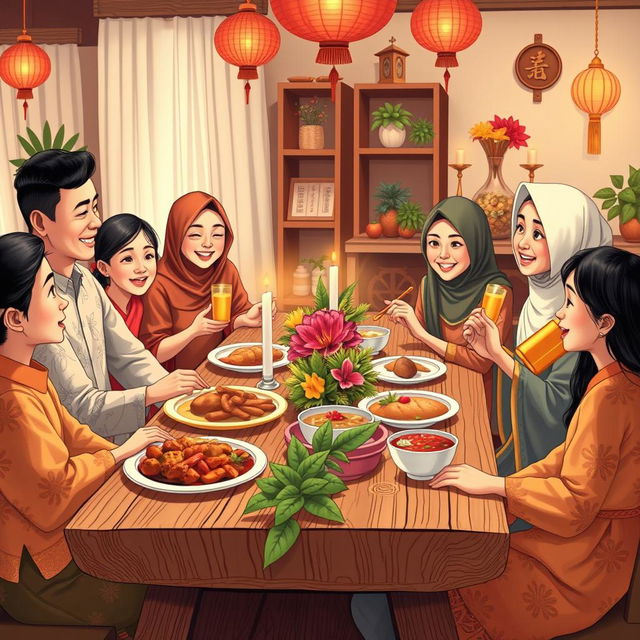 An illustration capturing a heartwarming New Year celebration, featuring a family dining together while dressed in beautiful traditional Indonesian costumes