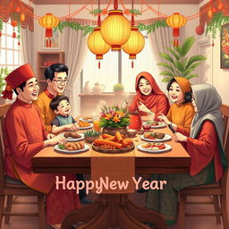 An illustration capturing a heartwarming New Year celebration, featuring a family dining together while dressed in beautiful traditional Indonesian costumes
