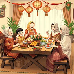An illustration capturing a heartwarming New Year celebration, featuring a family dining together while dressed in beautiful traditional Indonesian costumes