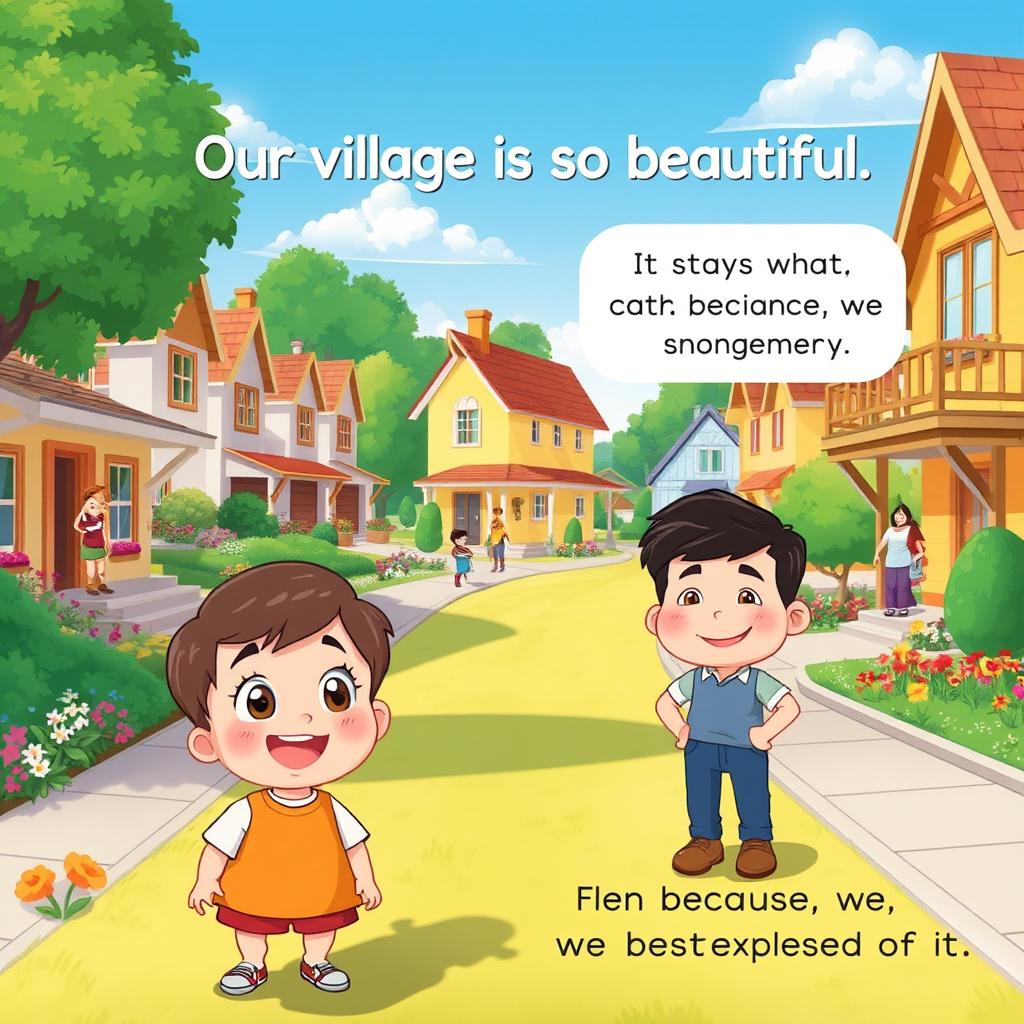 A peaceful village scene with clean, well-maintained streets filled with cheerful homes, colorful flowers, and friendly neighbors engaging in activities