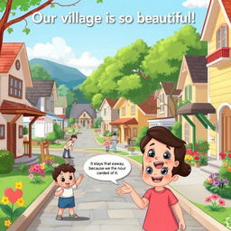 A peaceful village scene with clean, well-maintained streets filled with cheerful homes, colorful flowers, and friendly neighbors engaging in activities