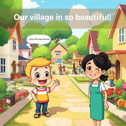 A peaceful village scene with clean, well-maintained streets filled with cheerful homes, colorful flowers, and friendly neighbors engaging in activities
