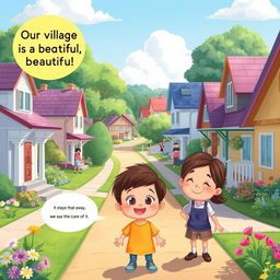 A peaceful village scene with clean, well-maintained streets filled with cheerful homes, colorful flowers, and friendly neighbors engaging in activities