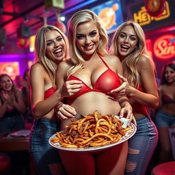 A young, attractive blonde girl with a sexy, sweet thin face and beautiful features is portrayed in a tiny red bikini