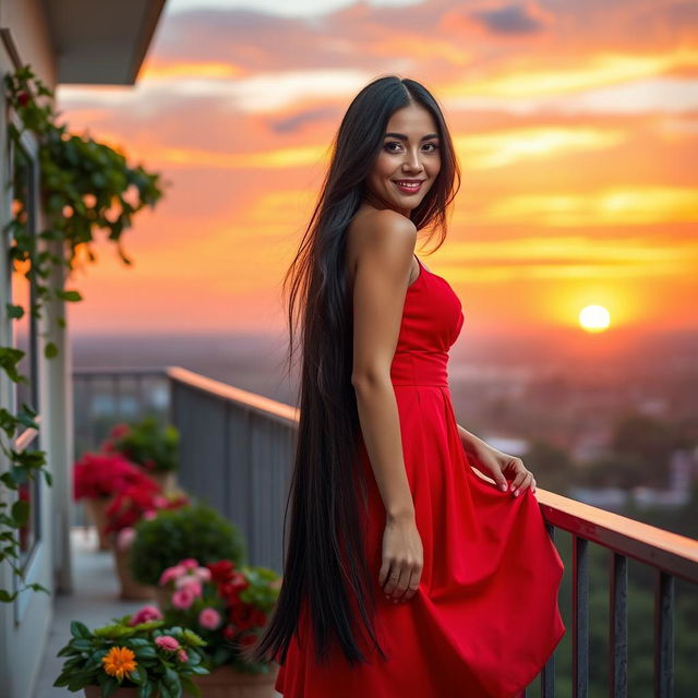 A stunning portrait of a fashionable woman with long black hair wearing a vibrant red dress, standing elegantly on a balcony overlooking a breathtaking sunset