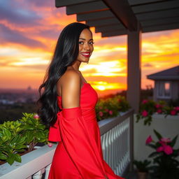 A stunning portrait of a fashionable woman with long black hair wearing a vibrant red dress, standing elegantly on a balcony overlooking a breathtaking sunset