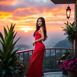 A stunning portrait of a fashionable woman with long black hair wearing a vibrant red dress, standing elegantly on a balcony overlooking a breathtaking sunset