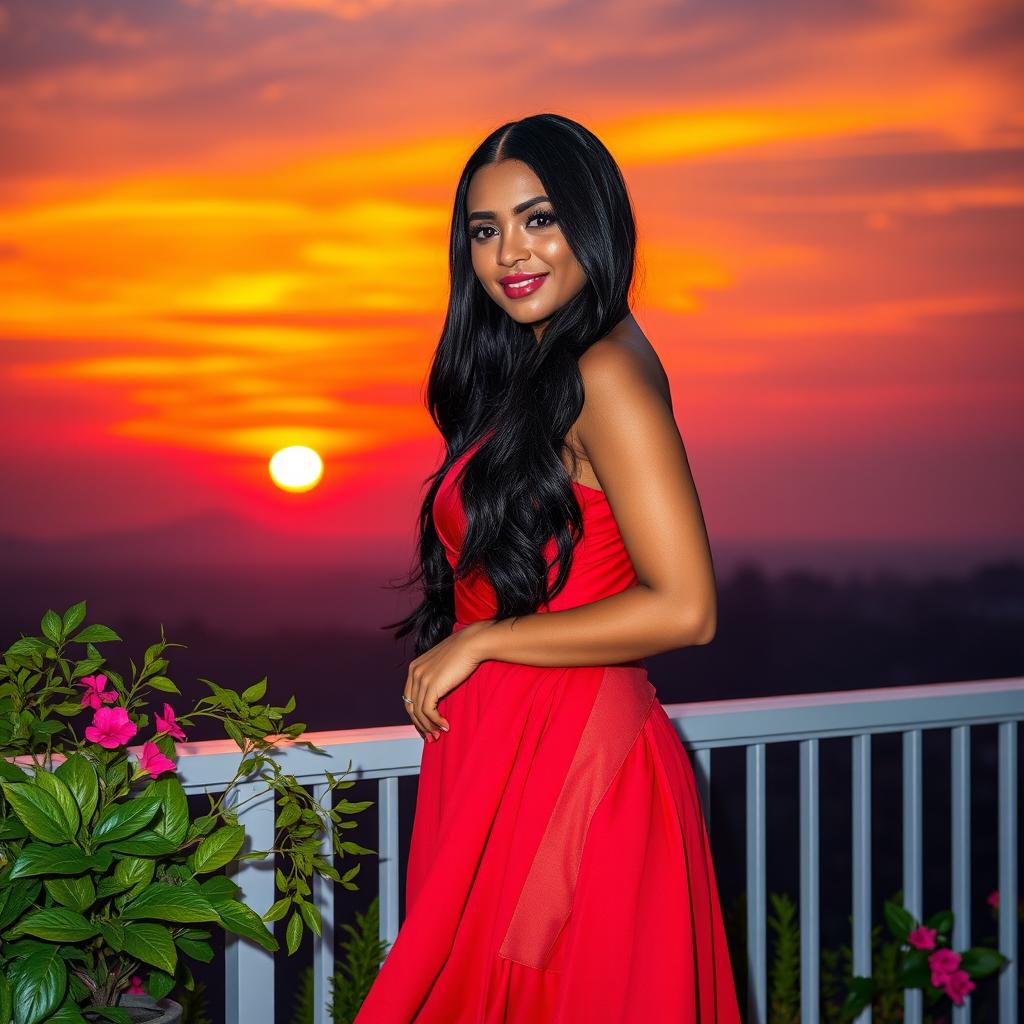 A stunning portrait of a fashionable woman with long black hair wearing a vibrant red dress, standing elegantly on a balcony overlooking a breathtaking sunset