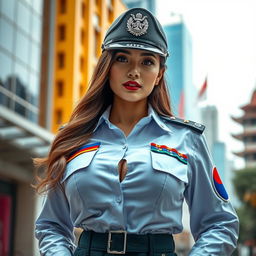 A beautiful woman with very large breasts, dressed as a brigadier general in police attire, merging elements from both Indonesian and South Korean police uniforms