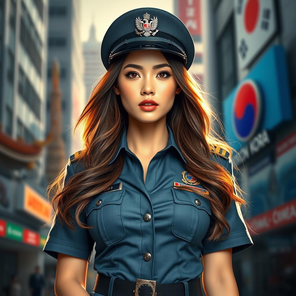 A beautiful woman with very large breasts, dressed as a brigadier general in police attire, merging elements from both Indonesian and South Korean police uniforms