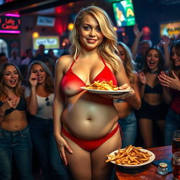 A young, attractive blonde girl with a sexy, sweet thin face and beautiful features is shown wearing a tiny red bikini