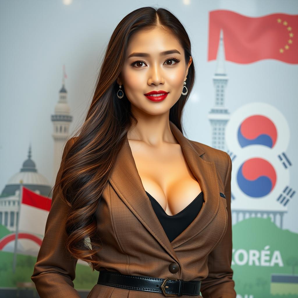 A beautiful woman with very large breasts, serving as a public relations officer, blending elements from both Indonesian and South Korean professional attire