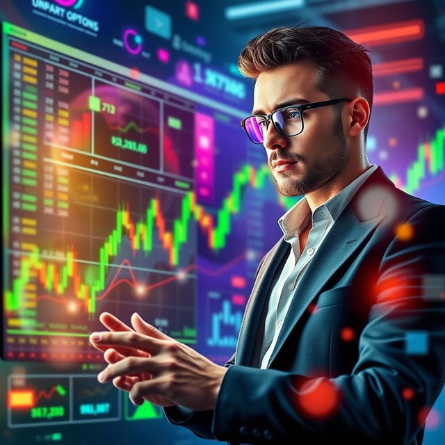 A visually engaging representation of binary trading, featuring a futuristic digital interface showing fluctuating graphs and numbers, alongside a confident trader analyzing their screen