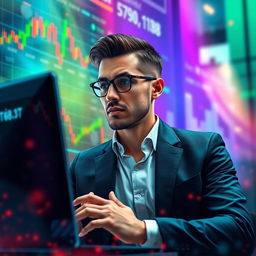A visually engaging representation of binary trading, featuring a futuristic digital interface showing fluctuating graphs and numbers, alongside a confident trader analyzing their screen