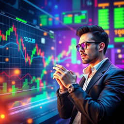 A visually engaging representation of binary trading, featuring a futuristic digital interface showing fluctuating graphs and numbers, alongside a confident trader analyzing their screen