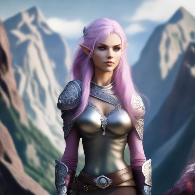 A high-quality digital art image depicting a rogue female mountain elf with a unique blend of silver and rose-colored hair