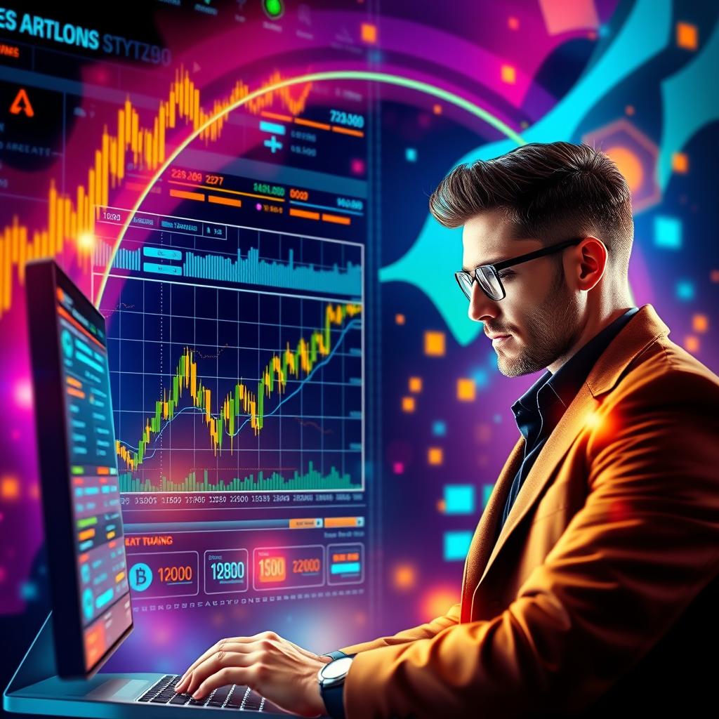 A visually engaging representation of binary trading, featuring a futuristic digital interface showing fluctuating graphs and numbers, alongside a confident trader analyzing their screen