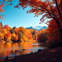 A vibrant autumn landscape featuring a majestic forest filled with colorful fall foliage, where hues of red, orange, and yellow create a warm and inviting atmosphere