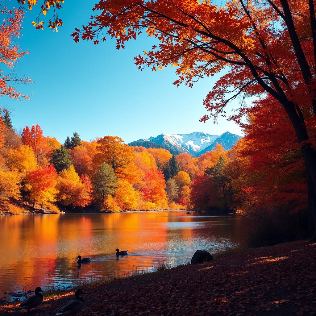 A vibrant autumn landscape featuring a majestic forest filled with colorful fall foliage, where hues of red, orange, and yellow create a warm and inviting atmosphere